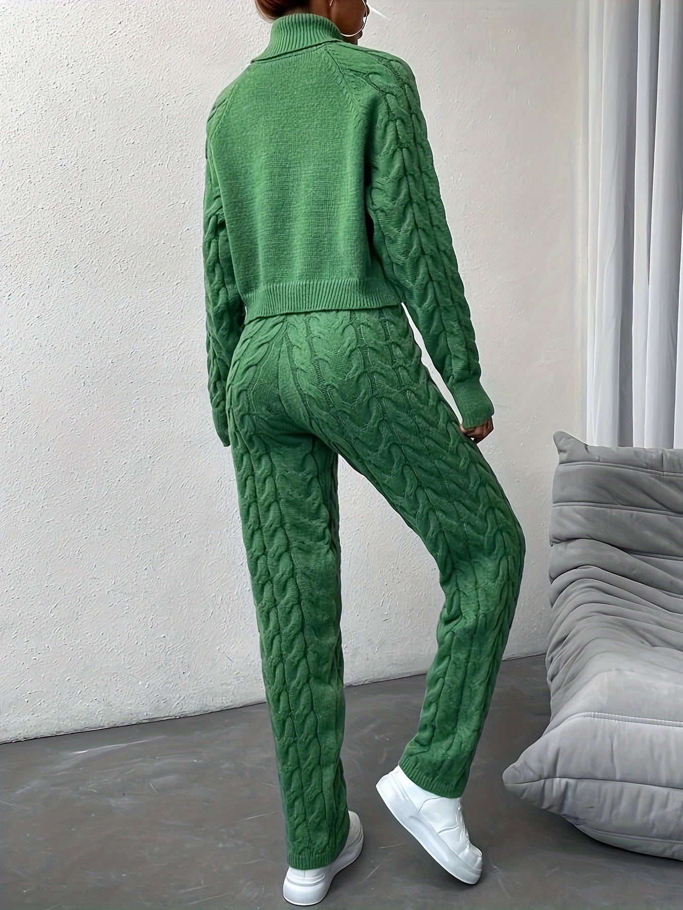 Cable Knit Solid Color Elegant Set, Turtle Neck Long Sleeve Sweater & Straight Leg Pants, Women's Clothing MyFave Boutique