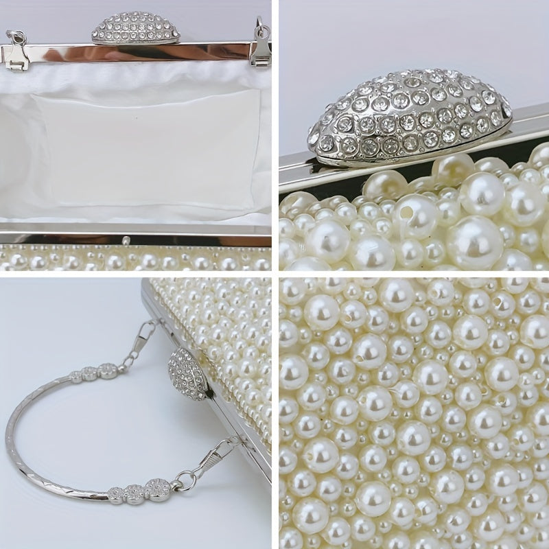 Elegant Faux Pearl Clutch Bag with Metal Chain and Floral Handle for Events, Parties, and Weddings MyFave Boutique