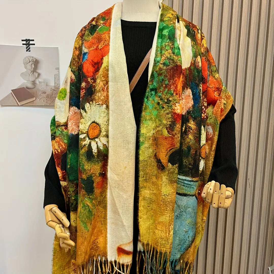 Women's Vintage-Inspired Double-Sided Printed Tassel Shawl - Cozy, Warm Winter Scarf with Classic Design MyFave Boutique