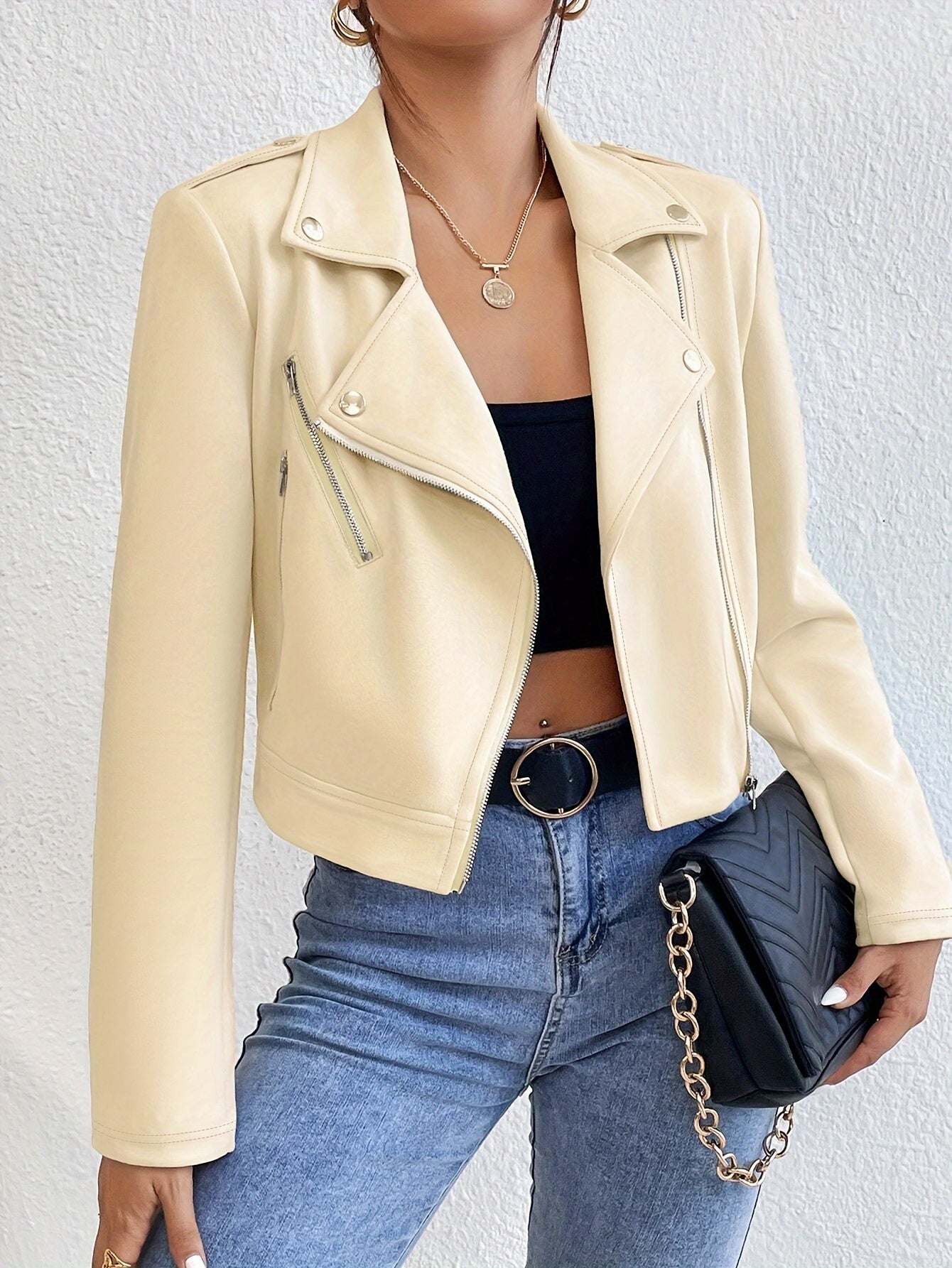 Chic Faux Leather Jacket for Women - Long Sleeve, Lapel Collar, Zip-Up, Casual Fall/Winter Outerwear MyFave Boutique