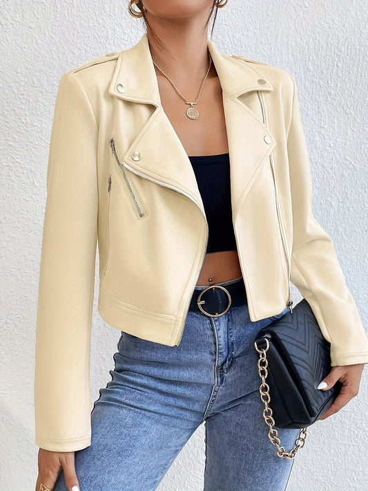 Chic Faux Leather Jacket for Women - Long Sleeve, Lapel Collar, Zip-Up, Casual Fall/Winter Outerwear MyFave Boutique