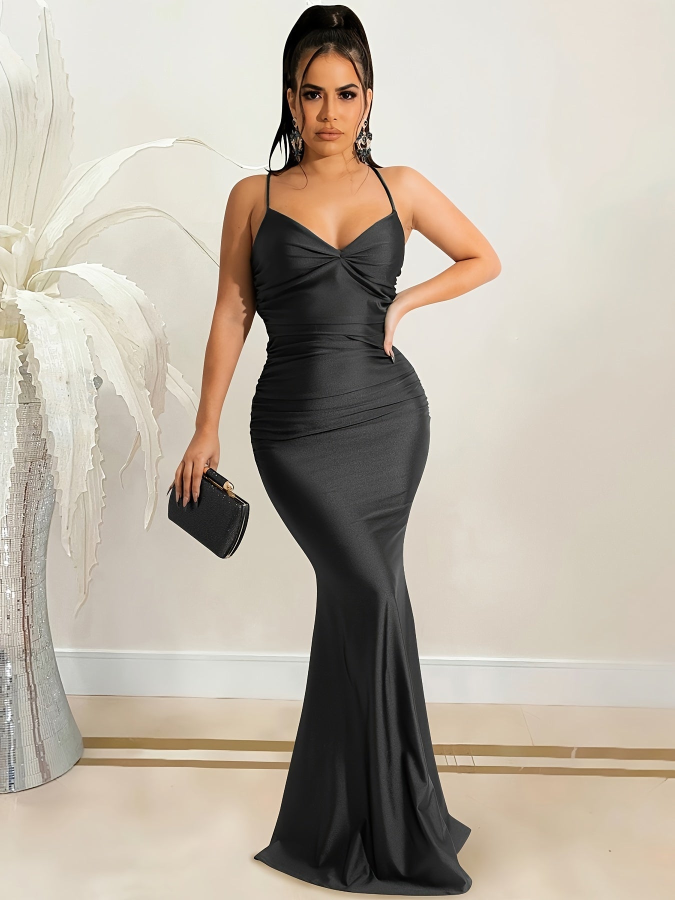 Women Off Shoulder V-Neck Maxi Long Dress Ruched Split Bodycon Mermaid Evening Cocktail Formal Dresses MyFave Boutique