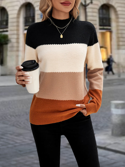 Color Block Mock Neck Sweater, Elegant Long Sleeve Sweater For Fall & Winter, Women's Clothing MyFave Boutique