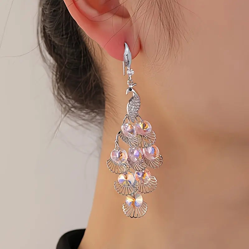 Elegant Peacock Crystal Drop Earrings with Silvery HollowLeaf Tassels - Gorqeous Rhinestone Accents, Suitable for daily and party wear MyFave Boutique