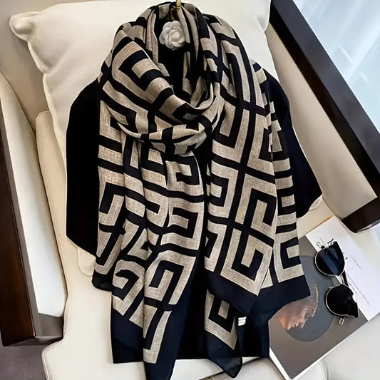 Black Beige Color Geometric Pattern Scarf Soft Warm Windproof Wrap Boho Style Sunscreen Shawl MyFave Boutique