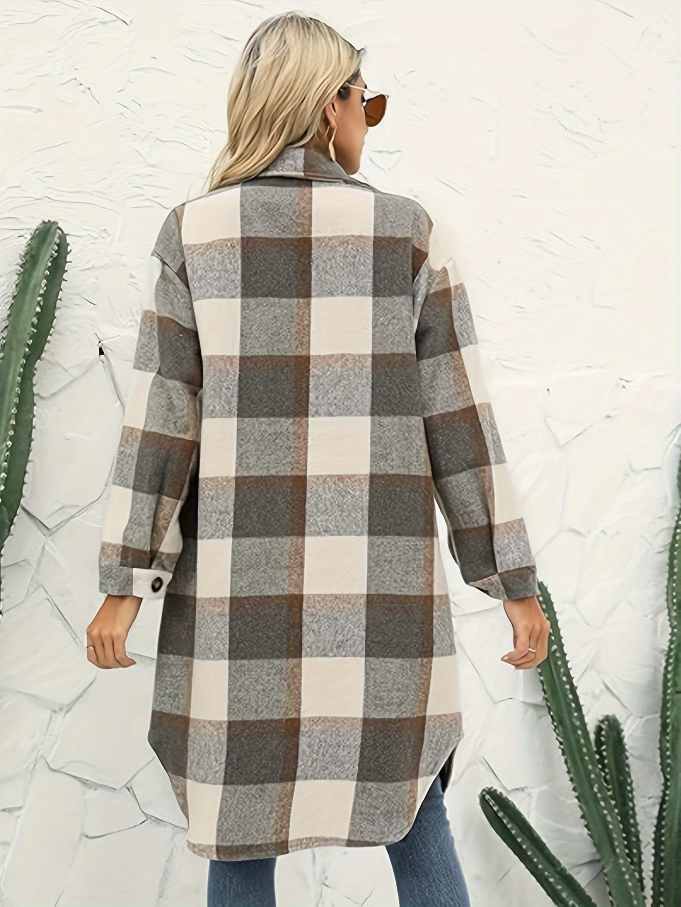 Plaid Print Button Front Long Shirt Jacket, Casual Turndown Collar Long Length Outwear For Spring & Fall, Women's Clothing MyFave Boutique