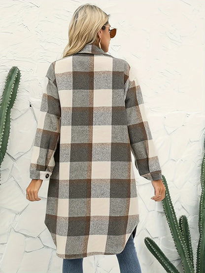 Plaid Print Button Front Long Shirt Jacket, Casual Turndown Collar Long Length Outwear For Spring & Fall, Women's Clothing MyFave Boutique