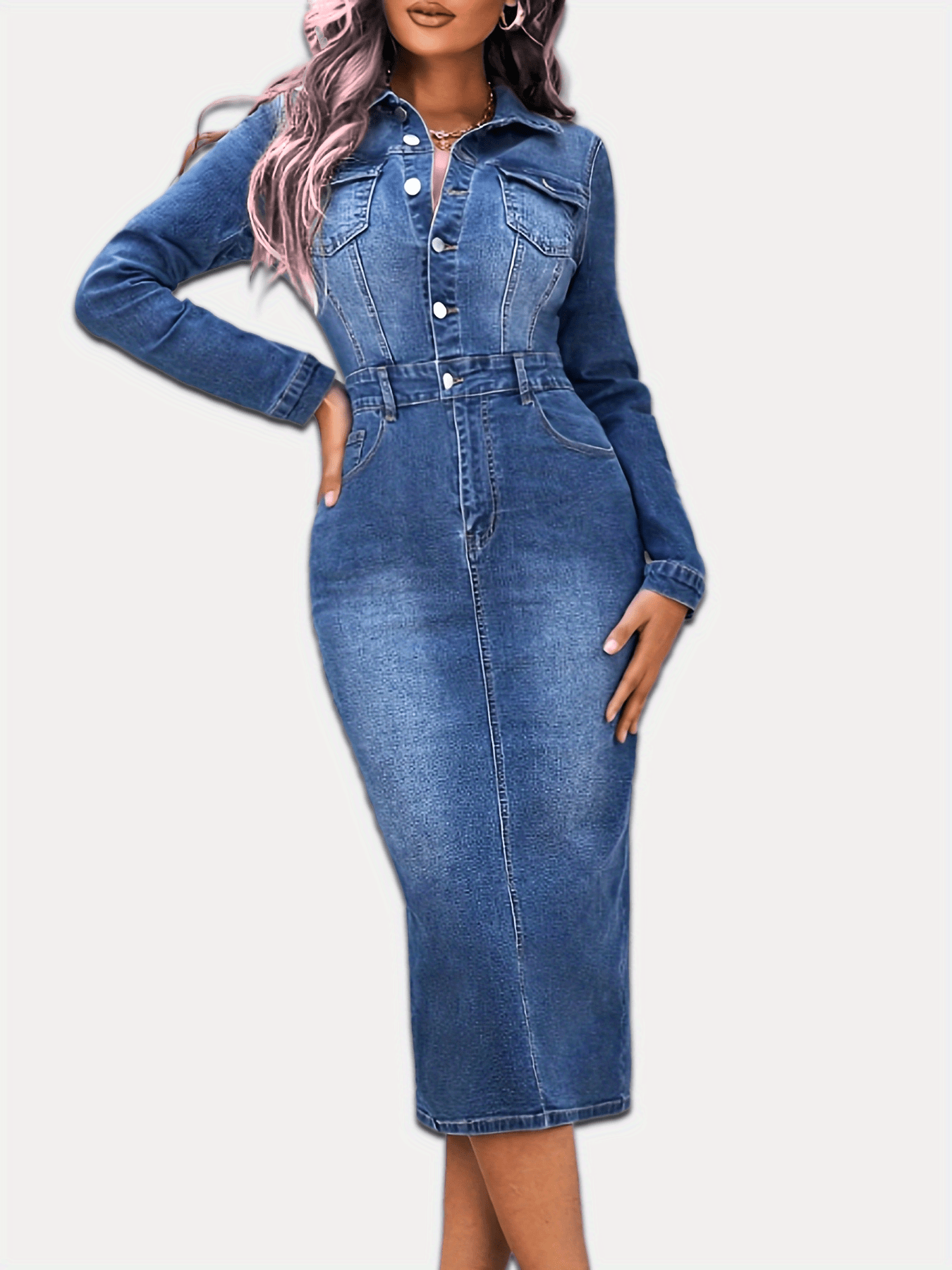 Women's Blue Denim Dress - Slim Fit, Long Sleeves, Single Breasted Button, Split Hem - MyFave Boutique