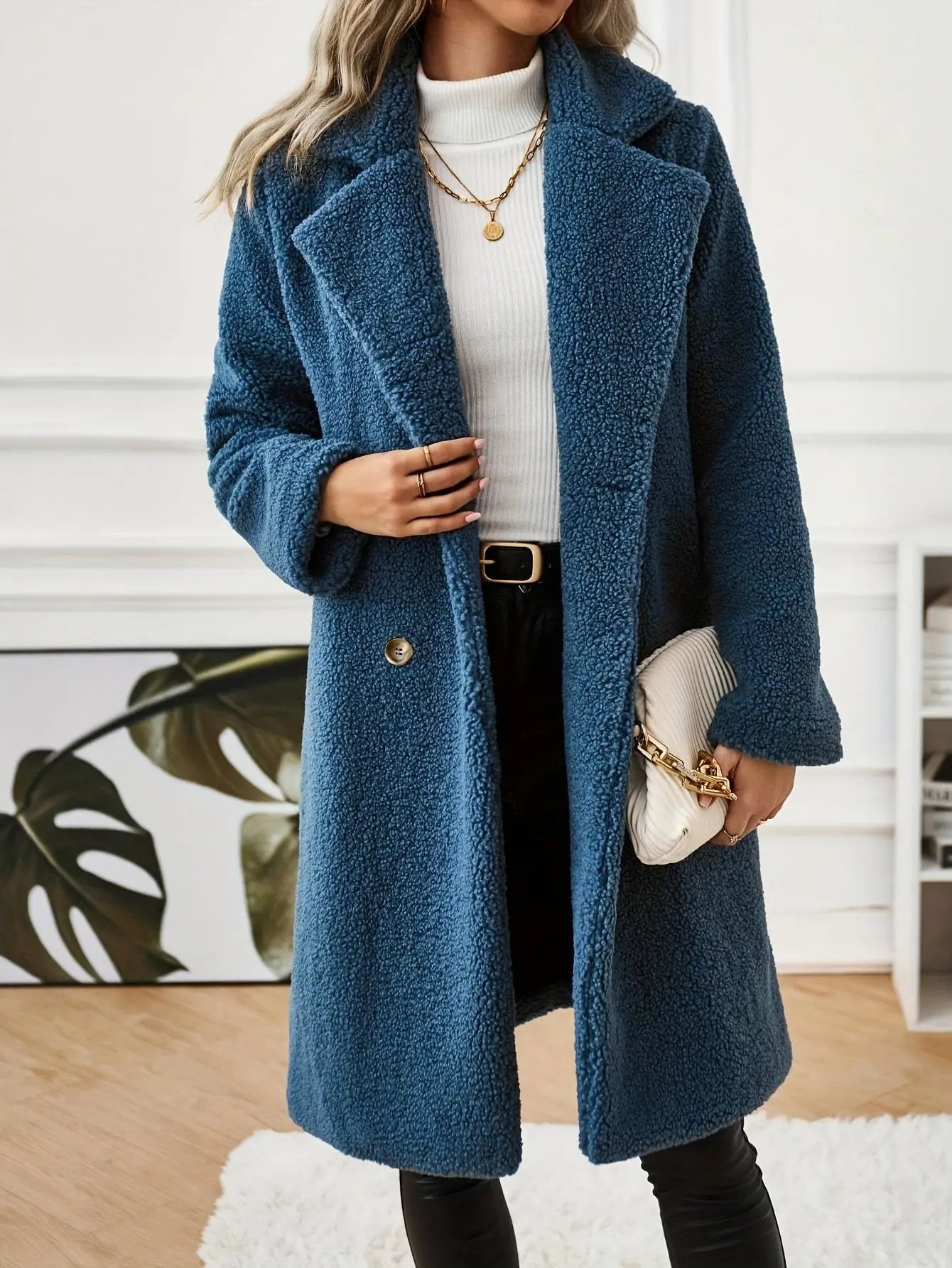 Plush Double Breasted Lapel Fuzzy Coat, Elegant Long Sleeve Warm Outerwear For Fall & Winter, Women's Clothing MyFave Boutique