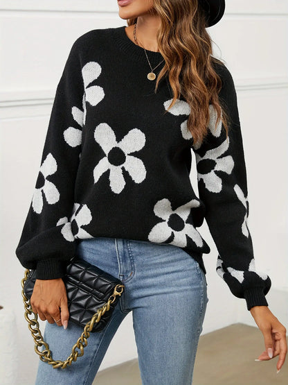 Floral Pattern Crew Neck Sweater, Elegant Long Sleeve Sweater For Fall & Winter, Women's Clothing MyFave Boutique