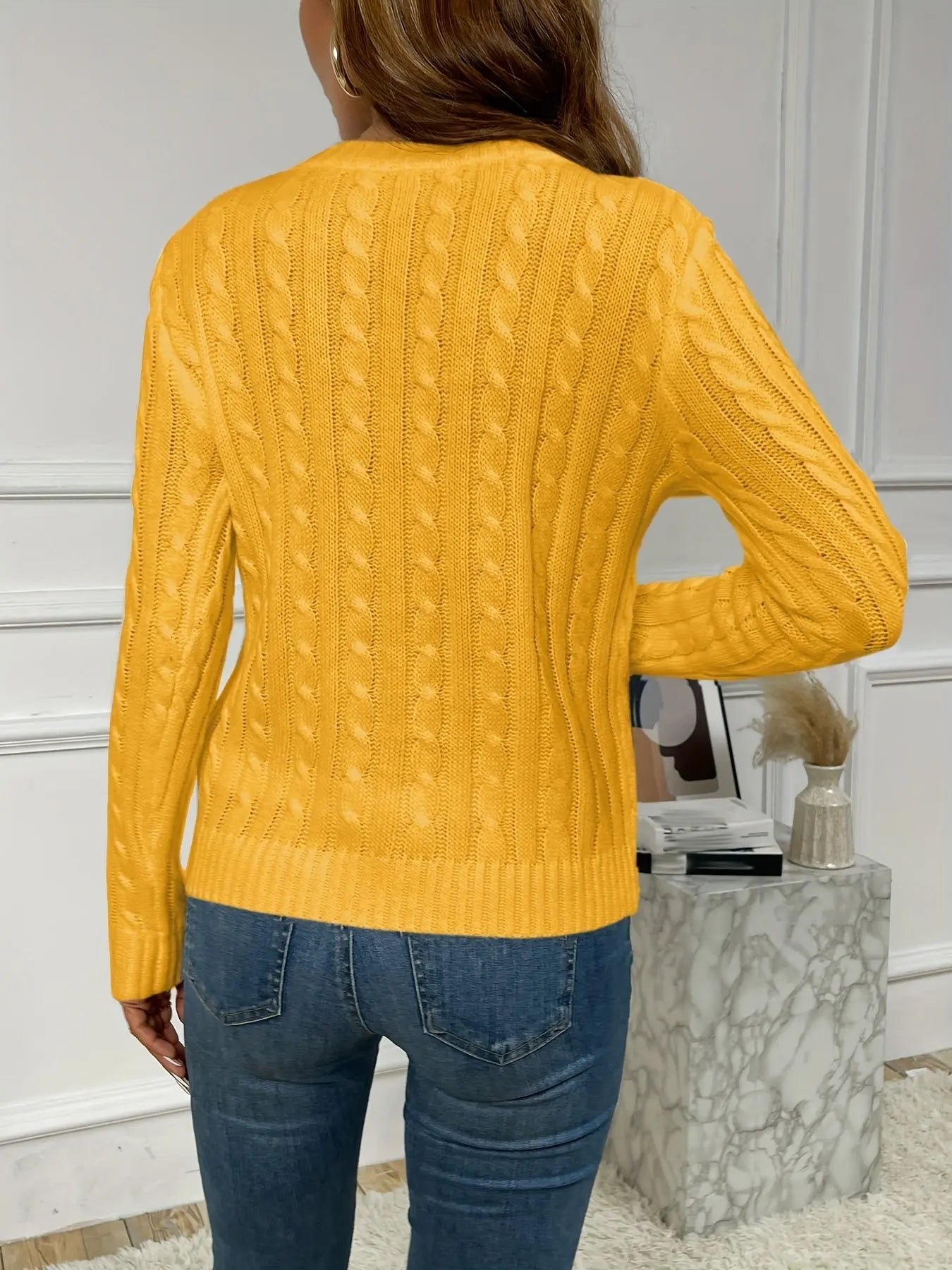 Cable Knitted Crew Neck Sweater, Casual Long Sleeve Pullover Sweater For Fall & Winter, Women's Clothing MyFave Boutique