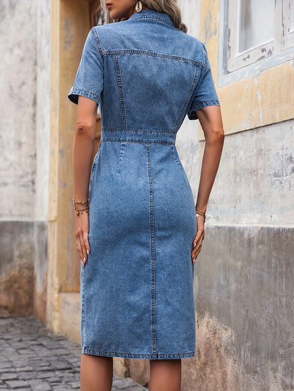 Women's Casual Plain Short Sleeve Mid-Length Denim Dress With Button Front And Elegant Silhouette MyFave Boutique