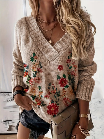 Floral Pattern Long Sleeve Sweater, Casual Ribbed V Neck Sweater For Winter & Fall, Women's Clothing MyFave Boutique