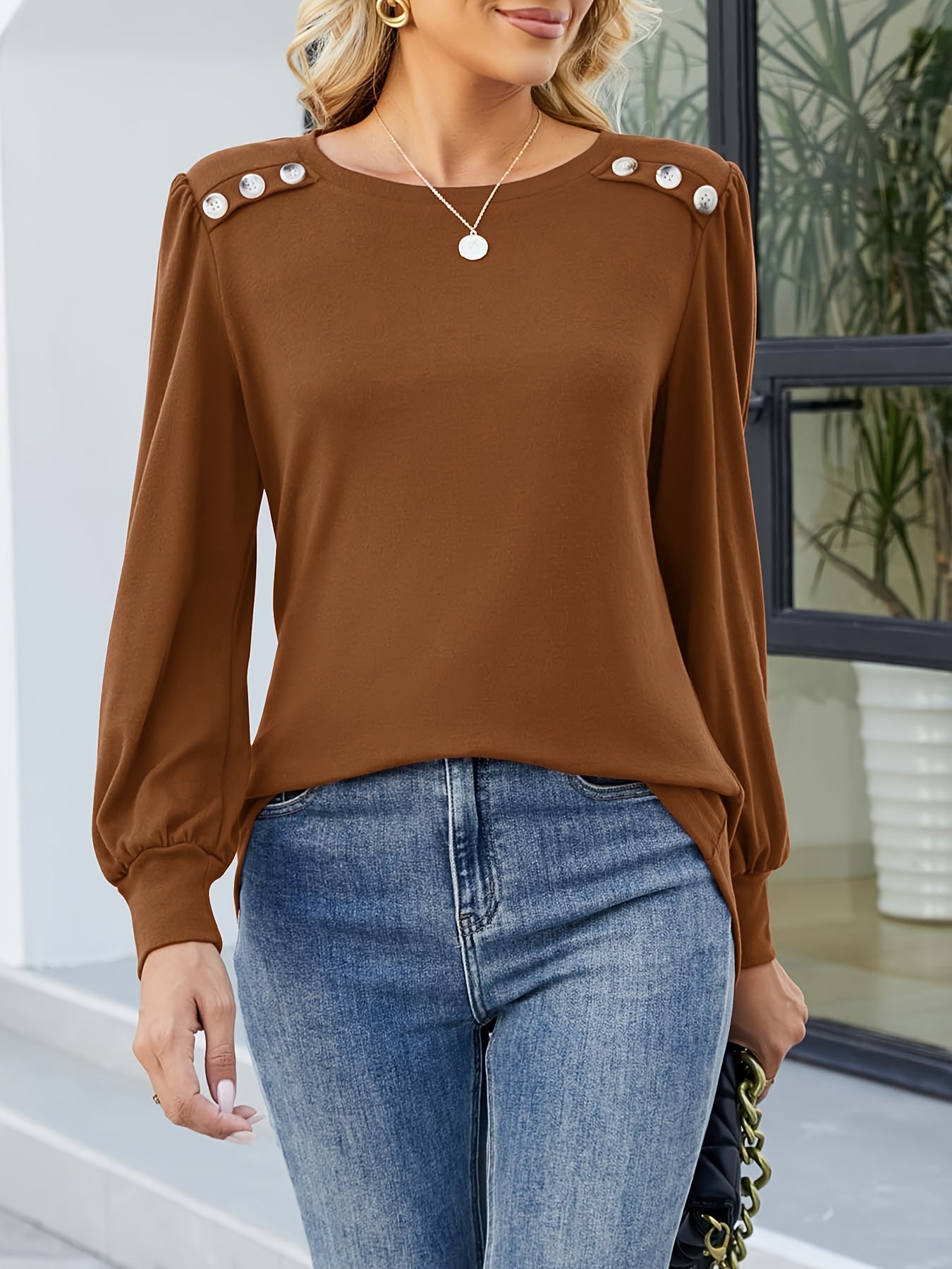 Button Decor Crew Neck T-shirt, Casual Long Sleeve Top For Spring & Fall, Women's Clothing MyFave Boutique