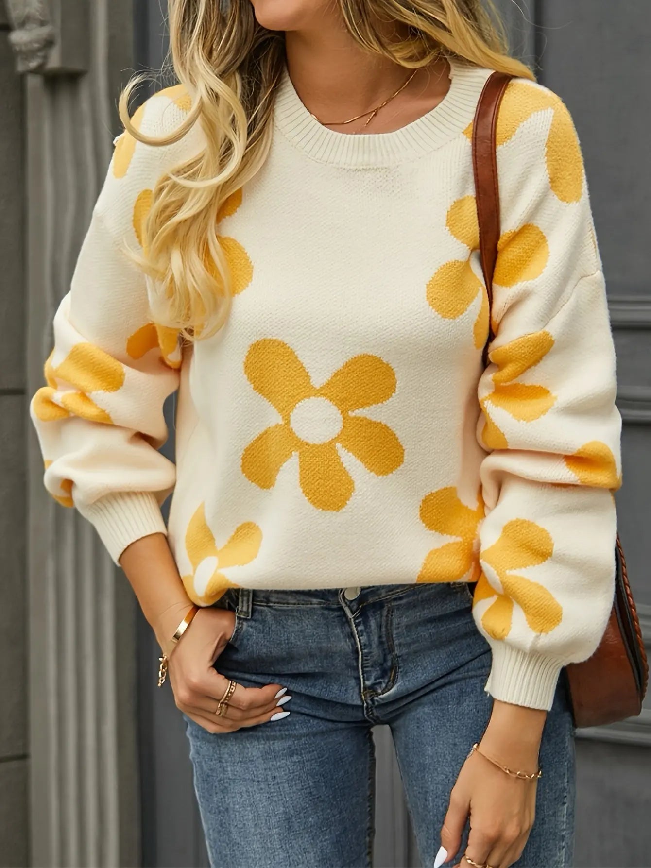 Floral Pattern Crew Neck Sweater, Elegant Drop Shoulder Long Sleeve Sweater For Fall & Winter, Women's Clothing MyFave Boutique