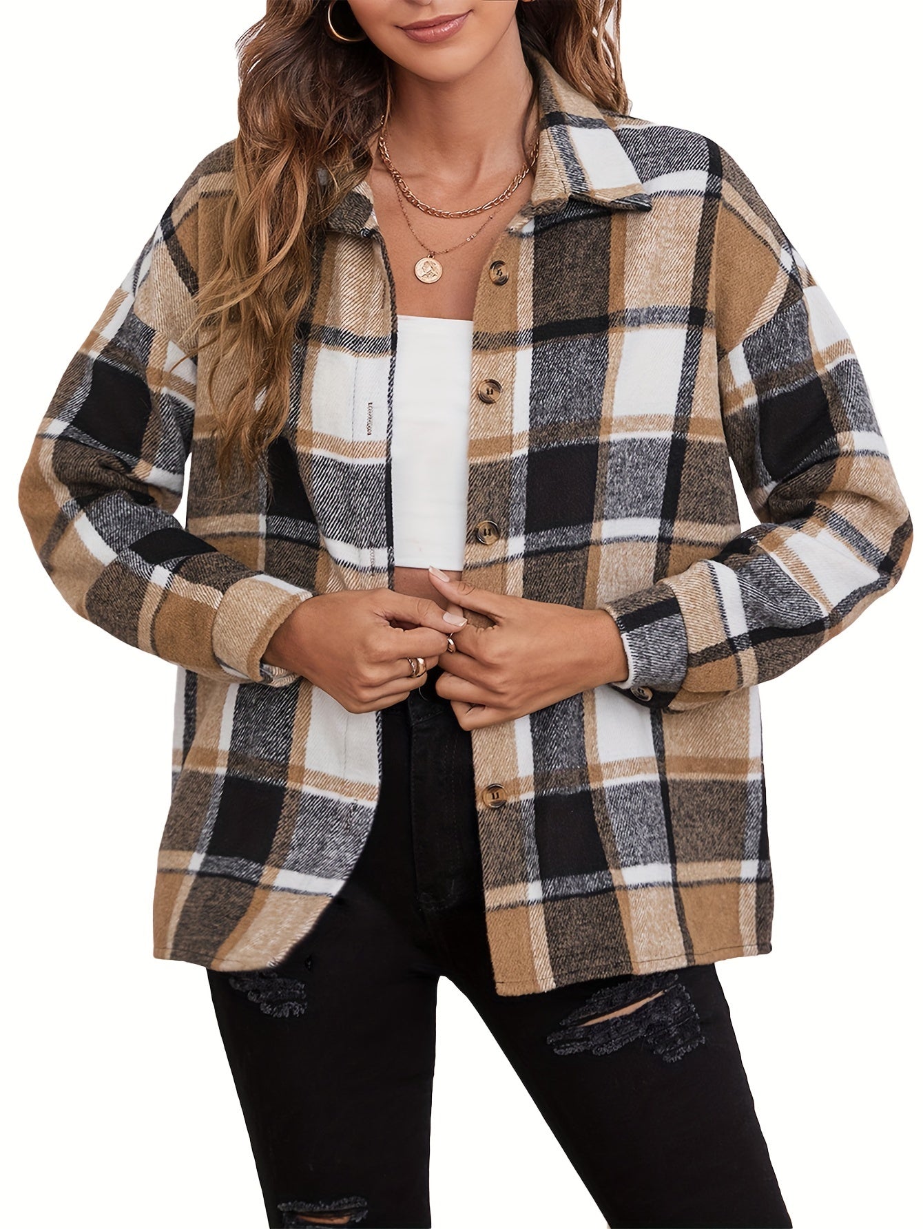 Women's Fall Color Block Plaid Flannel Shacket Jacket Button Down Shirt Coat Tops MyFave Boutique