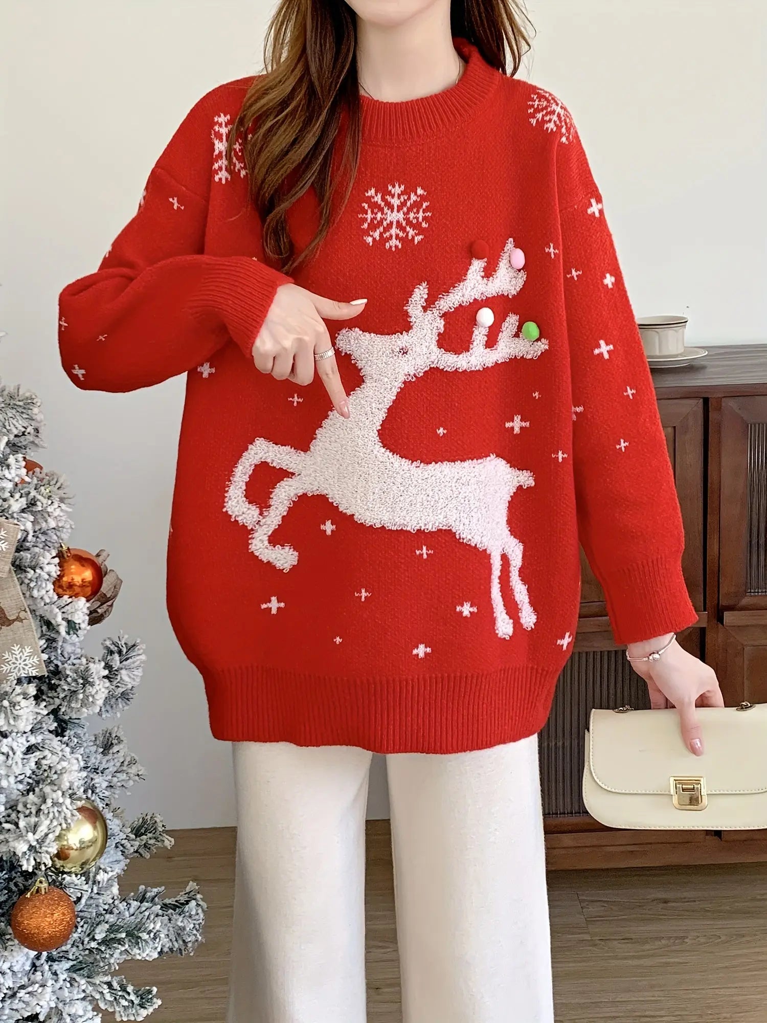 Reindeer Pattern Crew Neck Sweater, Casual Long Sleeve Sweater For Fall & Winter, Women's Clothing MyFave Boutique