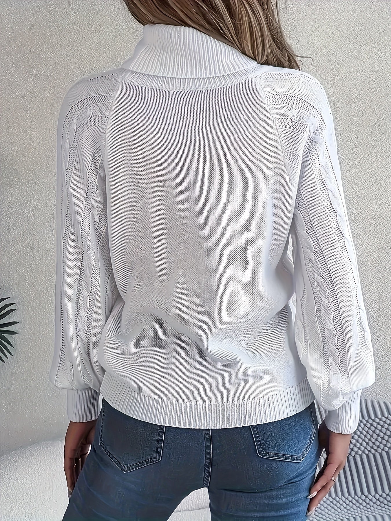 Solid Turtle Neck Cable Knit Sweater, Casual Button Lantern Sleeve Loose Sweater, Women's Clothing MyFave Boutique