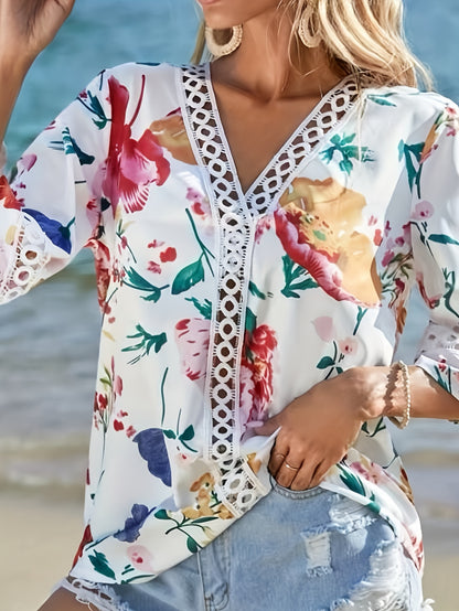 Floral Print V Neck Blouse, Elegant Loose Half Sleeve Blouse For Spring & Fall, Women's Clothing MyFave Boutique