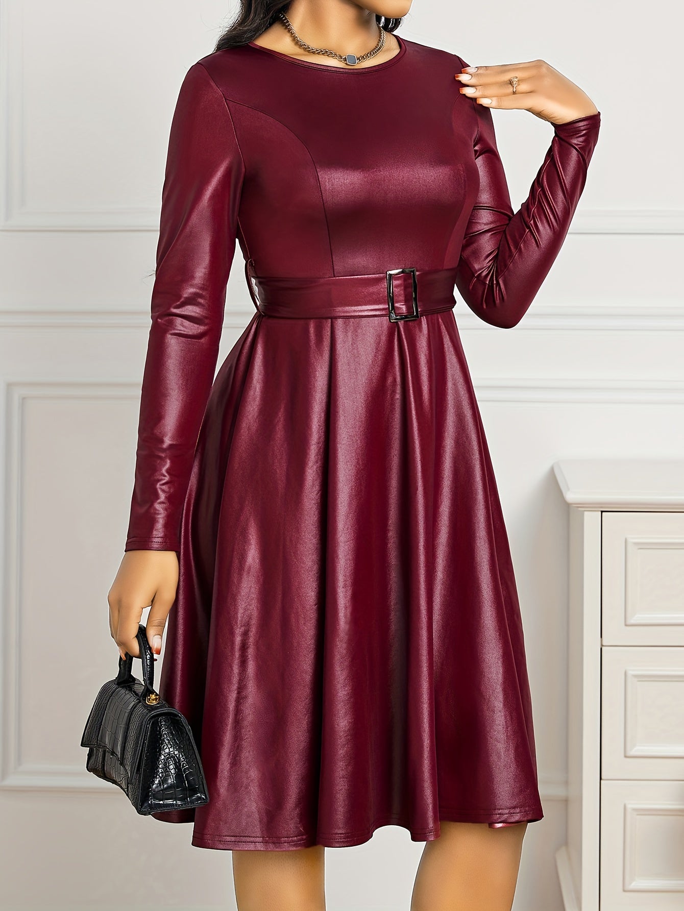 Women's Casual Long Sleeve Dress with Belted Waist and PU Leather Detailing MyFave Boutique