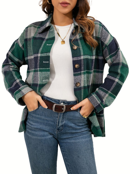 Women's Fall Color Block Plaid Flannel Shacket Jacket Button Down Shirt Coat Tops MyFave Boutique