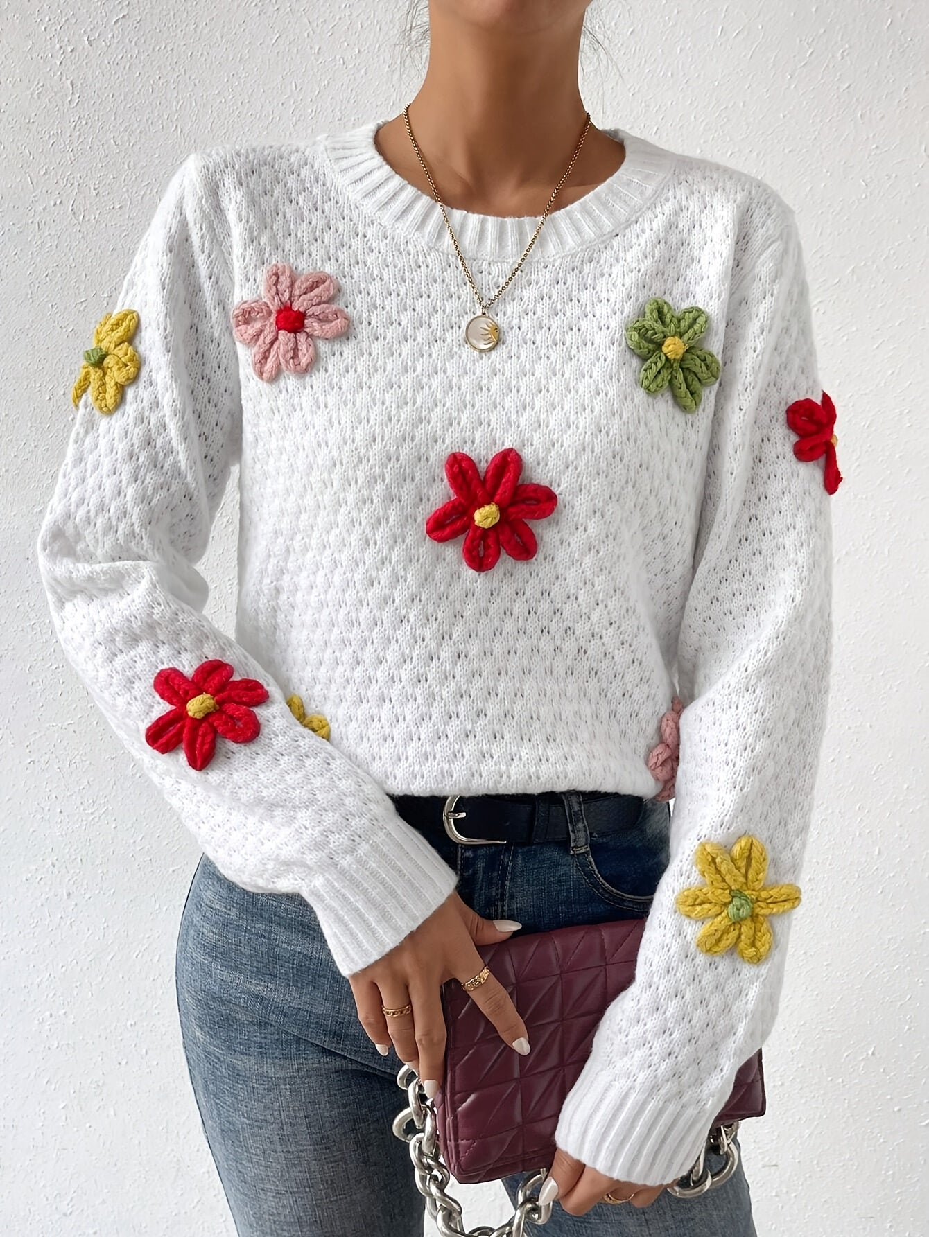 Floral Design Crew Neck Knitted Sweater, Casual Long Sleeve Drop Shoulder Pullover Sweater For Fall & Winter, Women's Clothing MyFave Boutique