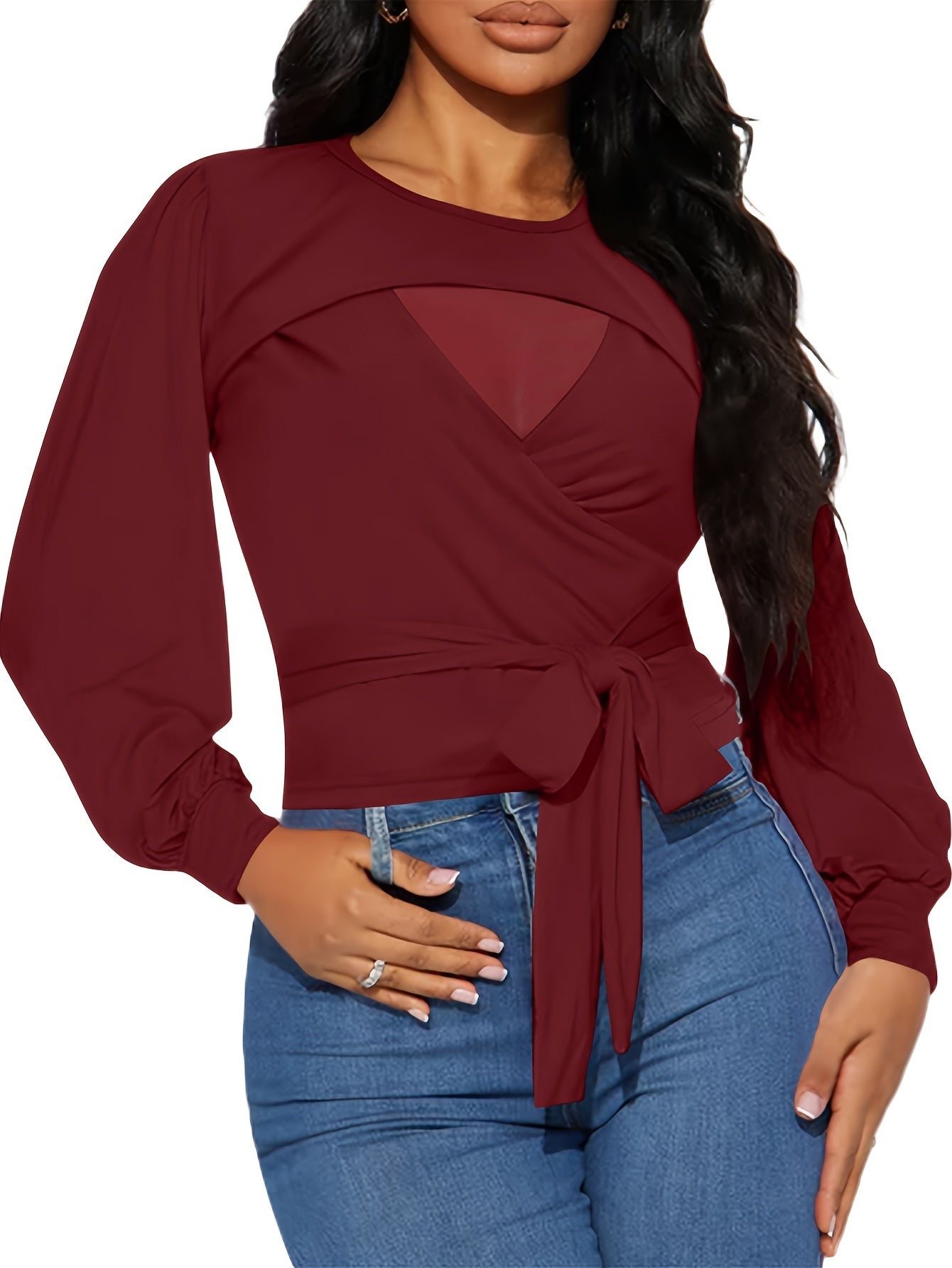 Women's Elegant Long Sleeve Mesh Blouse with Belted Waist - Casual Pullover Top MyFave Boutique