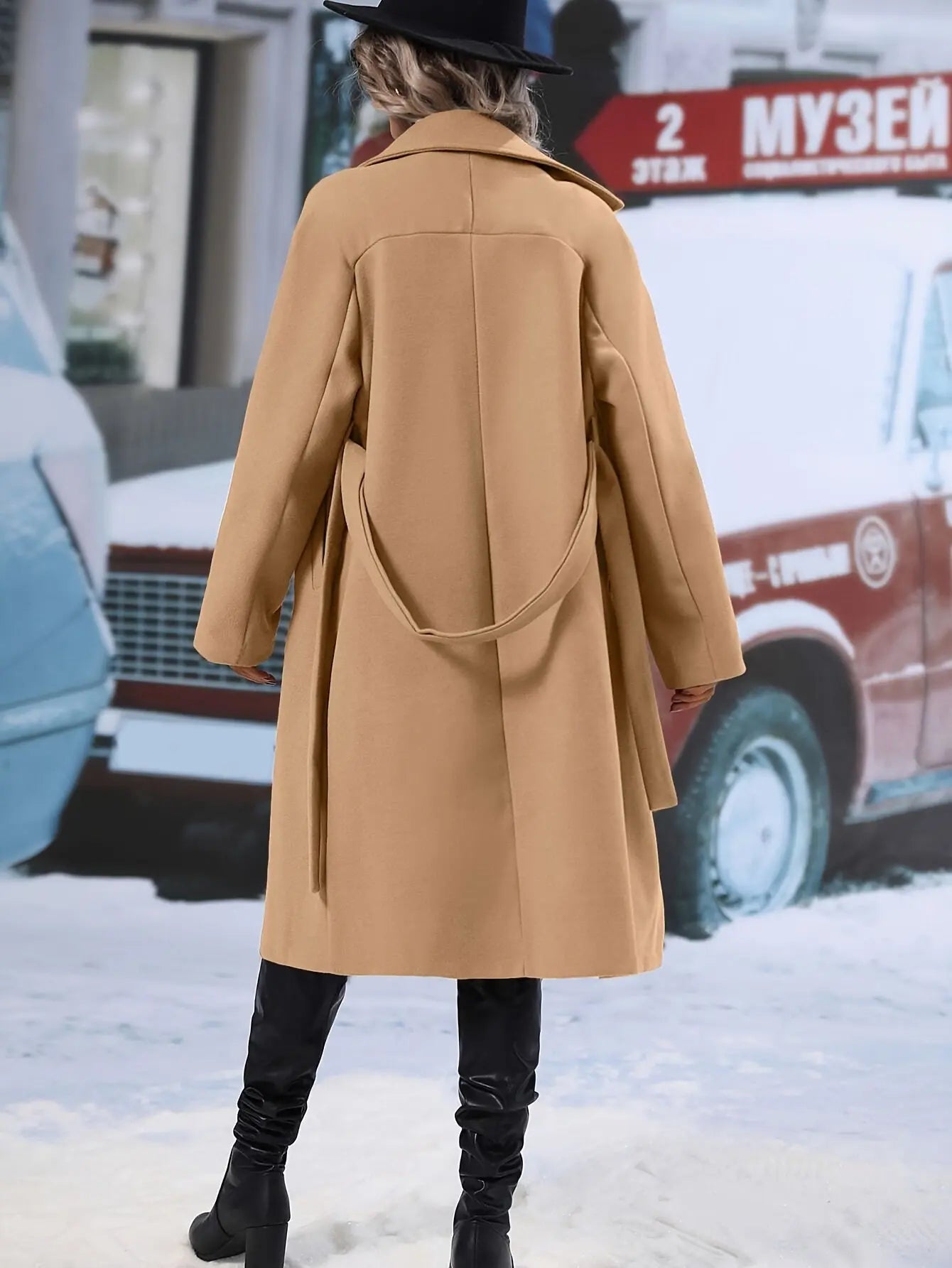 Classic Double-Breasted Belted Wool Coat for Women, Elegant Solid Color Fall Winter Overcoat MyFave Boutique