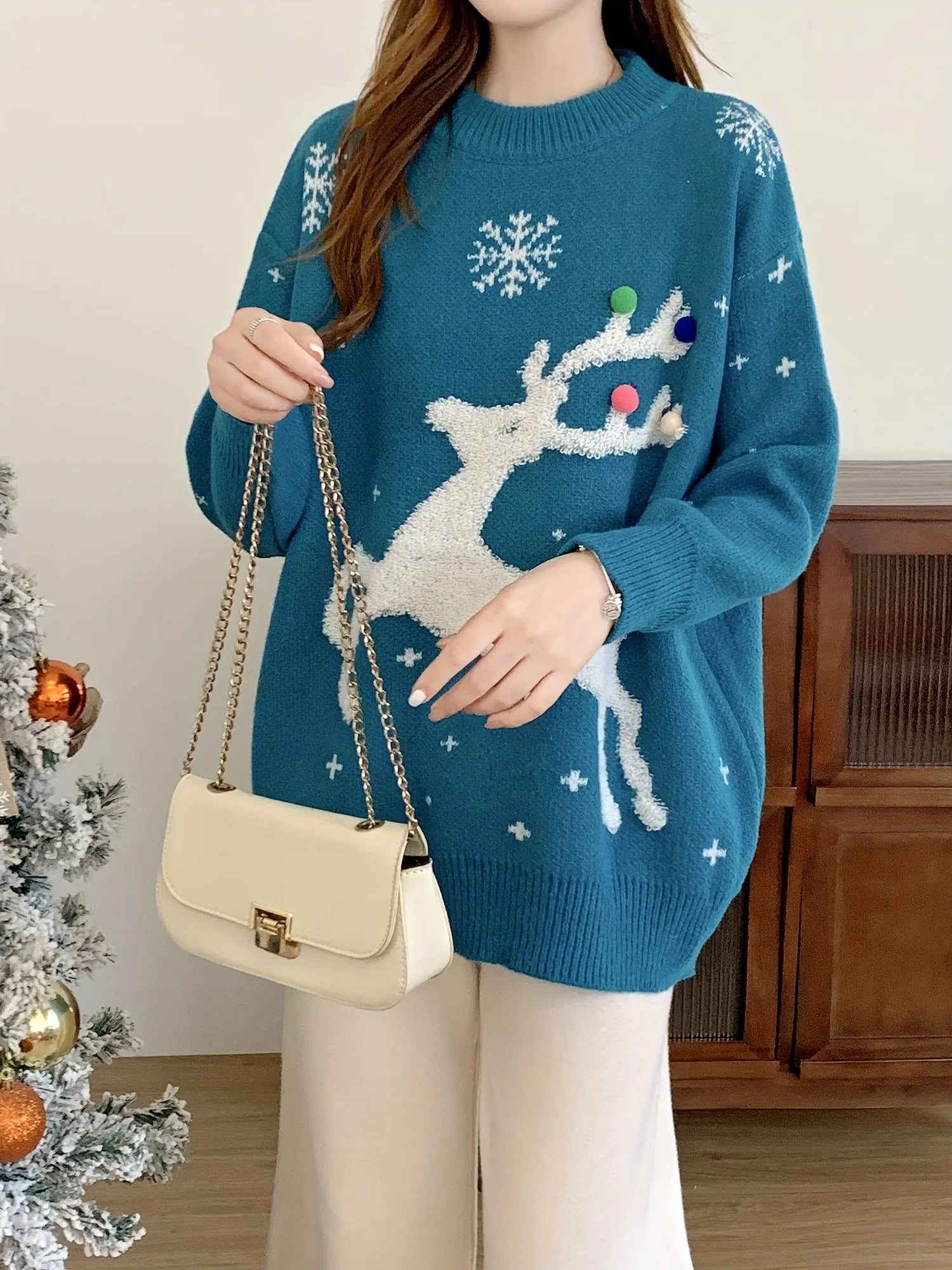 Reindeer Pattern Crew Neck Sweater, Casual Long Sleeve Sweater For Fall & Winter, Women's Clothing MyFave Boutique