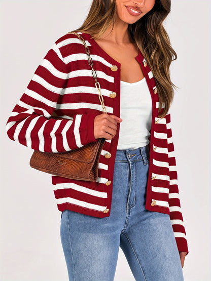 Striped Button Front Knit Cardigan, Elegant Crew Neck Long Sleeve Cardigan For Spring & Fall, Women's Clothing MyFave Boutique