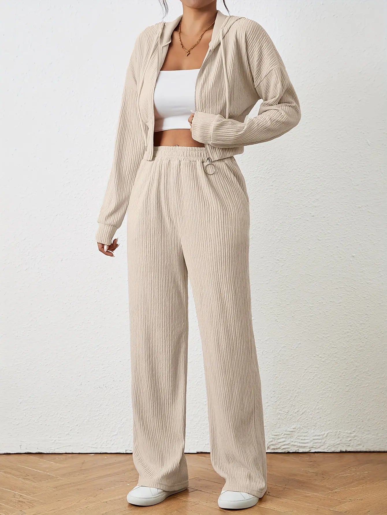 Elegant Women's Hooded Polyester Knit Pantsuit with Long Sleeve Zipper Jacket and Wide-Leg Pants – Solid Color, Stretch Fabric Blend (95% Polyester, 5% Elastane), Suitable for Spring and Fall MyFave Boutique