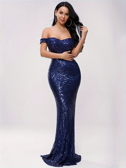 Elegant Skinny Backless Sequin Mermaid Dress, Off Shoulder Zip Up Bodycon Formal Dress For Party & Banquet, Women's Clothing MyFave Boutique