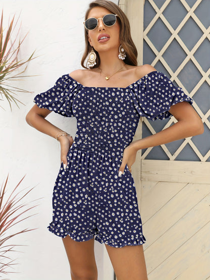 Floral Print Off Shoulder Romper Jumpsuit - Women's Vacation Short Sleeve Romper for Spring & Summer MyFave Boutique