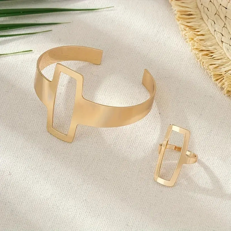 Women's Retro Geometric Square Hollow Ring Bracelet Set - Fashionable Jewelry Gift MyFave Boutique