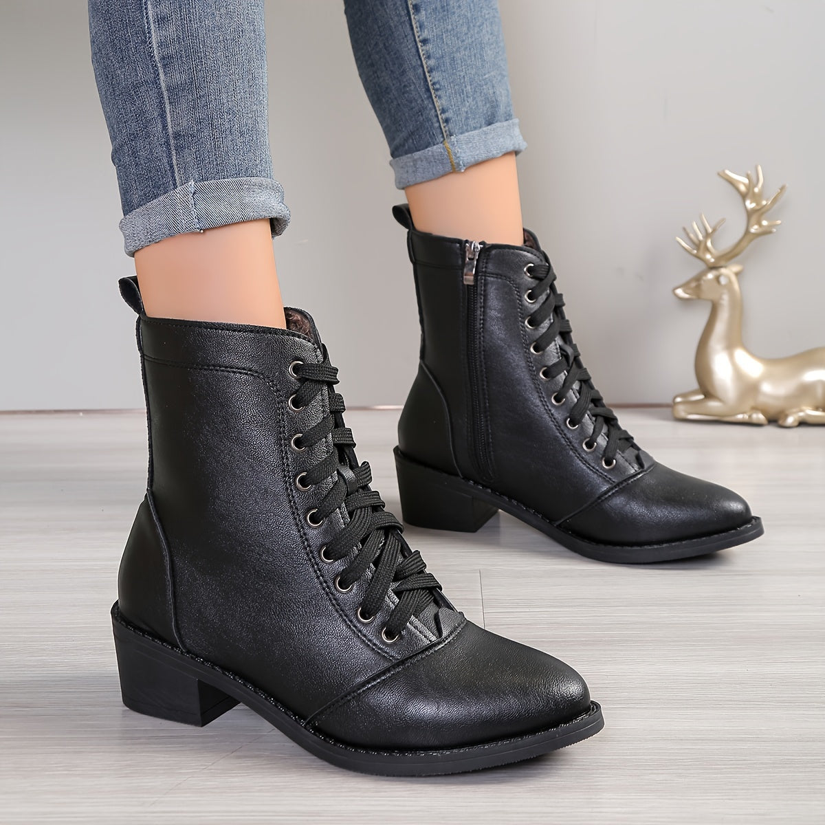 Women's Mid-Calf Fashion Boots with Flannel Lining - Solid Black, Pointed Toe, Side Zipper Closure, Block Heel, PU Upper, TPR Sole, Comfortable Insole, Mid Heel Height - Elegant Autumn and Winter Booties MyFave Boutique