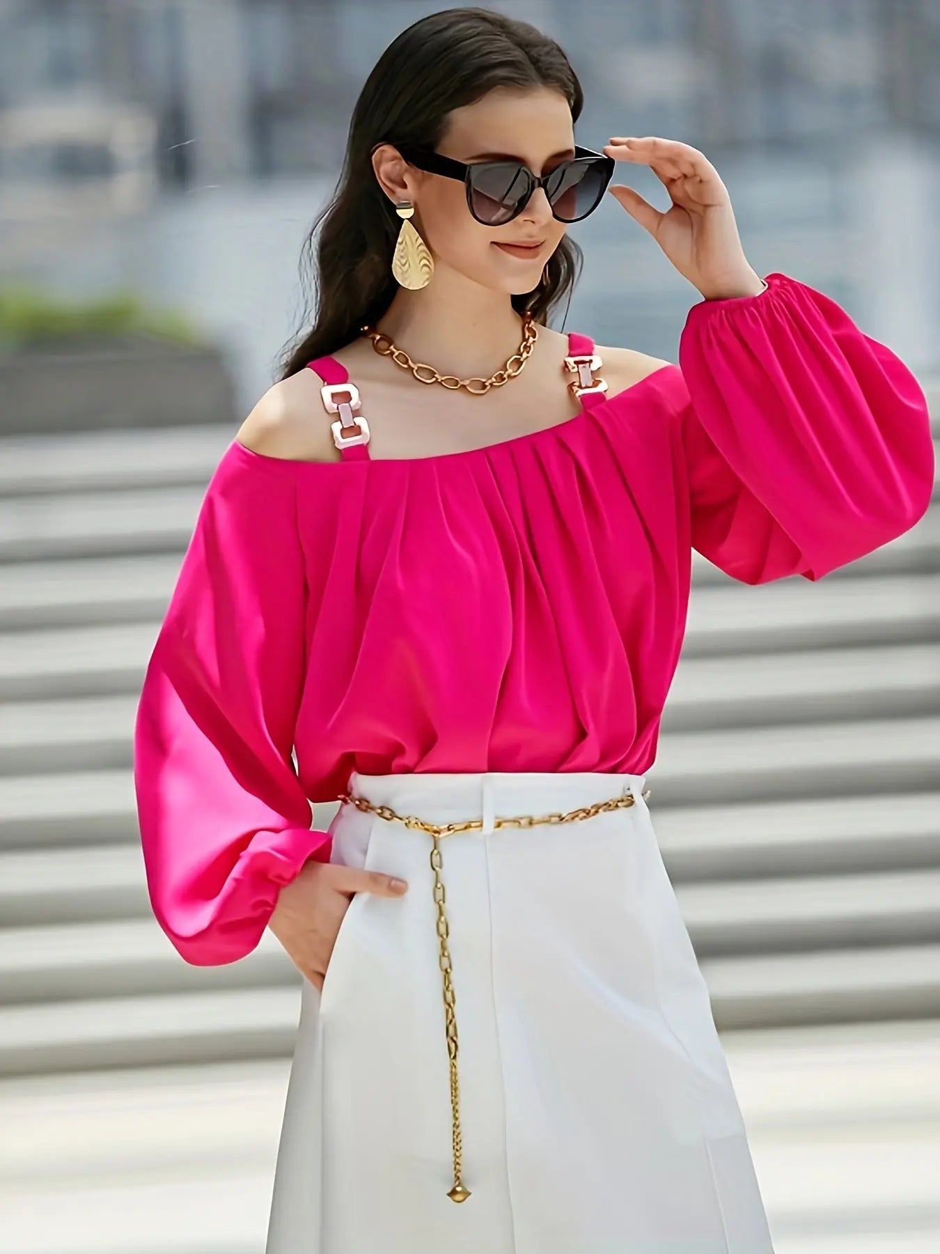 Cold Shoulder Chain Strap Blouse, Casual Long Lantern Sleeve Blouse For Spring & Fall, Women's Clothing MyFave Boutique