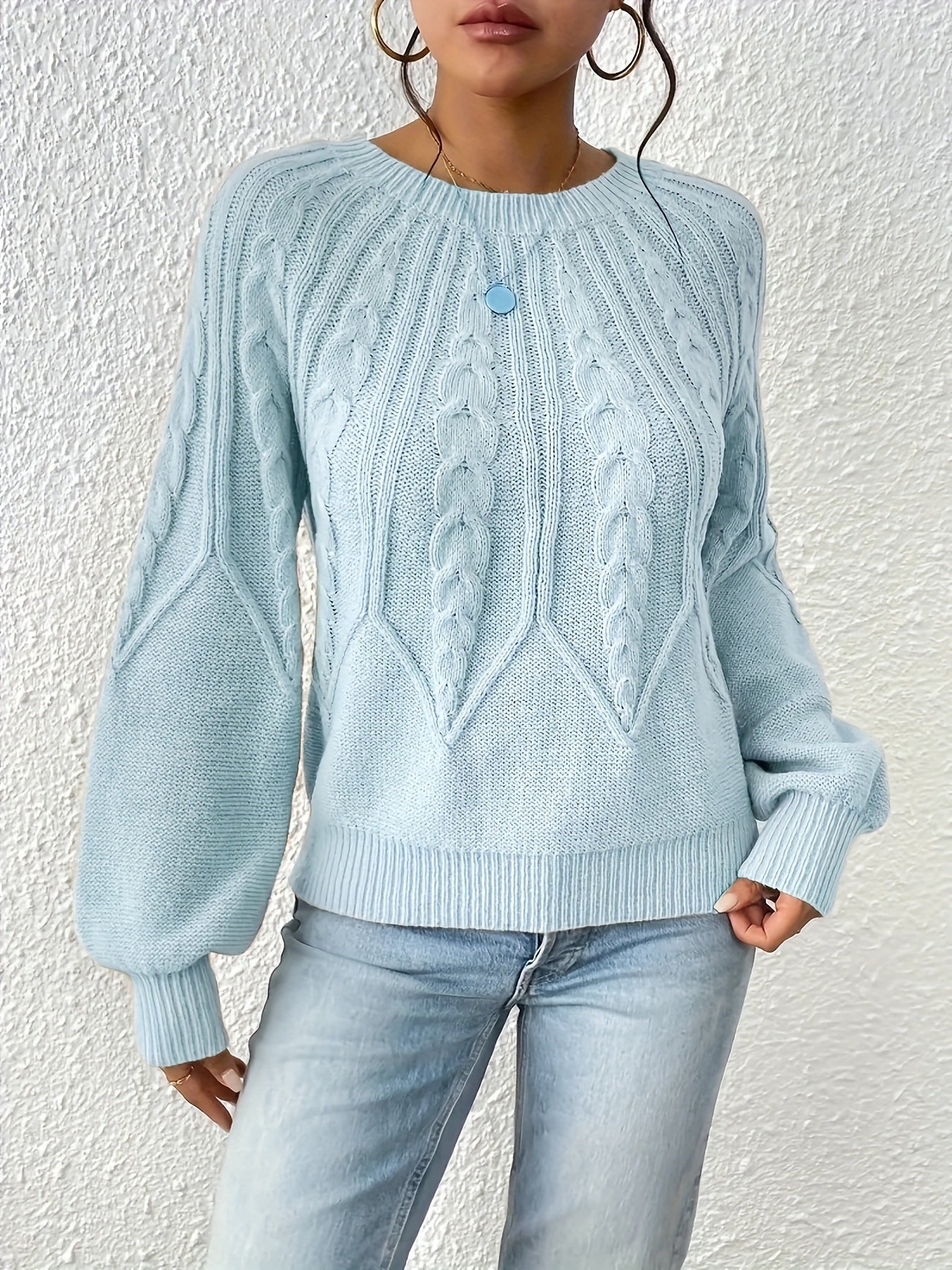 Cable Knit Crew Neck Sweater, Elegant Long Sleeve Sweater For Fall & Winter, Women's Clothing MyFave Boutique