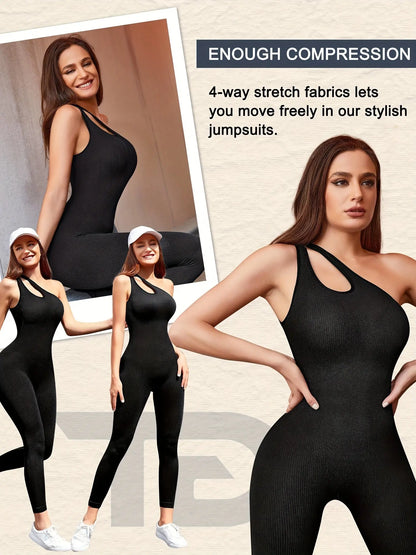 Women's Sports Jumpsuits One Shoulder Yoga Romper Sleeveless Tummy Control Bodysuits Workout Leggings Tracksuits MyFave Boutique