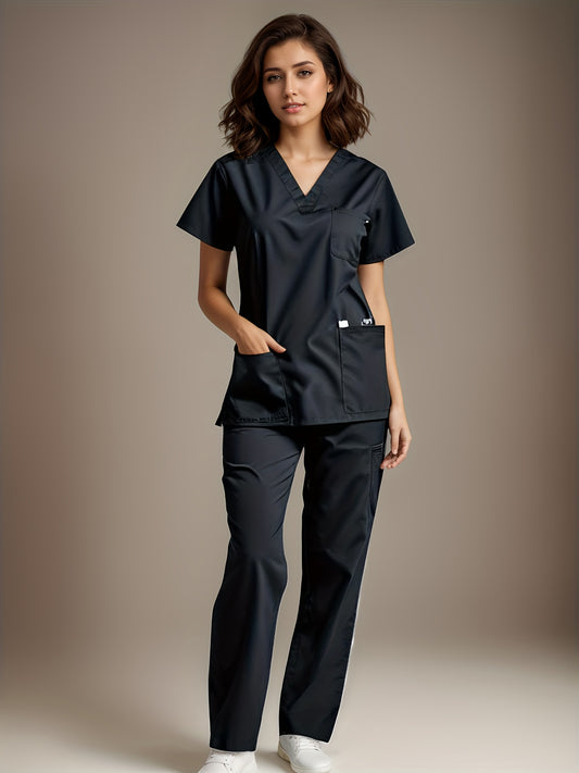 two-piece Elegant Two-Piece V-Neck Health Uniform Set - Micro Elastic Polyester, Pockets, Woven, Comfortable & Professional Women's Clothing for All Seasons MyFave Boutique