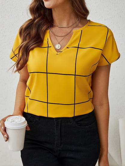 Women's Short-sleeved Dress Shirt With Collar, Suitable For Office Work. Features Grid Pattern And Floral Notch Collar. Perfect For Spring And Summer Casual Wear, Women's Clothing. MyFave Boutique