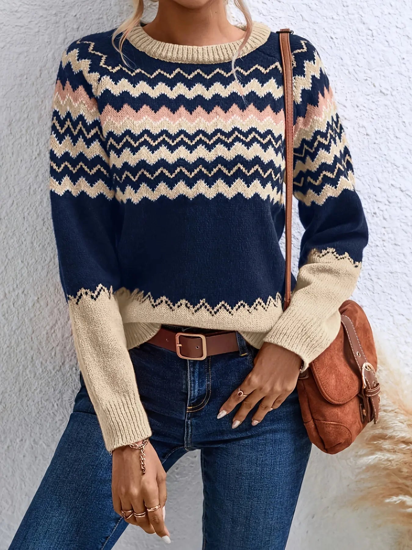 Striped Color Block Sweater, Retro Style Raglan Long Sleeve Sweater For Fall & Winter, Women's Clothing MyFave Boutique