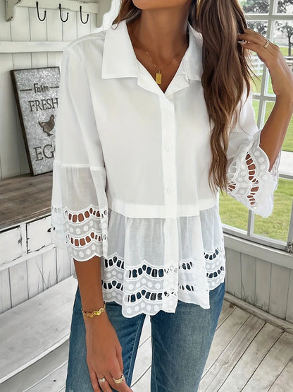 Eyelet Embroidered Button Front Blouse, Casual Three-quarter Sleeve Blouse For Spring & Summer, Women's Clothing MyFave Boutique