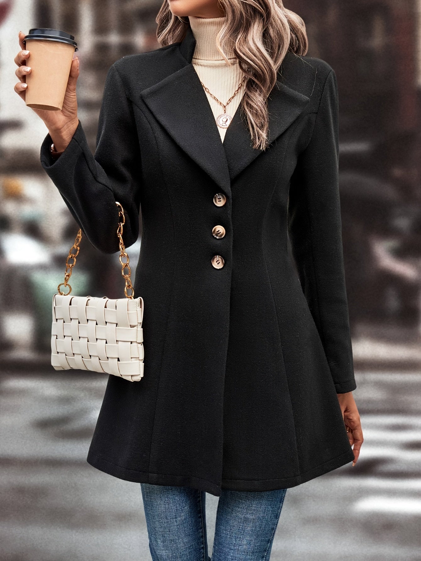 Single-breasted Lapel Collar Overcoat, Elegant Long Sleeve Woolen Blend Outerwear For Fall & Winter, Women's Clothing MyFave Boutique