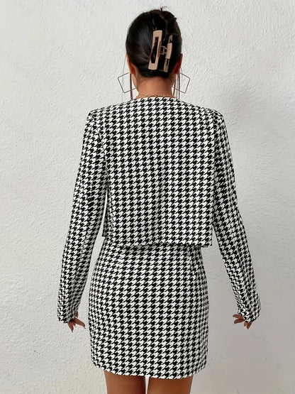 Elegant Houndstooth Cropped Blazer And Skirt Set - Women'S Fashion, Polyester Blend, Knit Fabric, No Collar, All Seasons, 1 Blazer + 1 Skirt MyFave Boutique