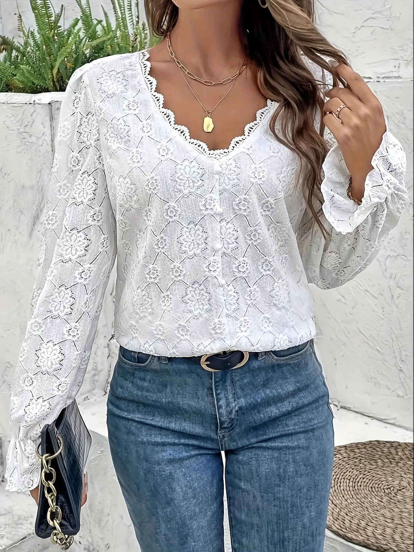 Floral Lace Single Breasted V-neck Blouse, Elegant Long Sleeve Loose Blouse For Spring & Fall, Women's Clothing MyFave Boutique