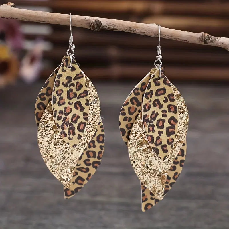 Vintage Triple Leopard PU Leather Sequin Layer Earrings MyFave Boutique