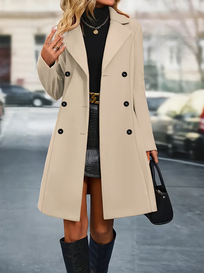 Double-breasted Notched Lapel Coat, Elegant Solid Long Sleeve Longline Belted Coat For Fall & Winter, Women's Clothing MyFave Boutique