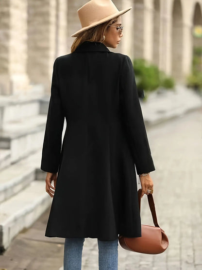 Double-breasted Lapel A-line Coat, Elegant Solid Long Sleeve Longline Coat For Fall & Winter, Women's Clothing MyFave Boutique