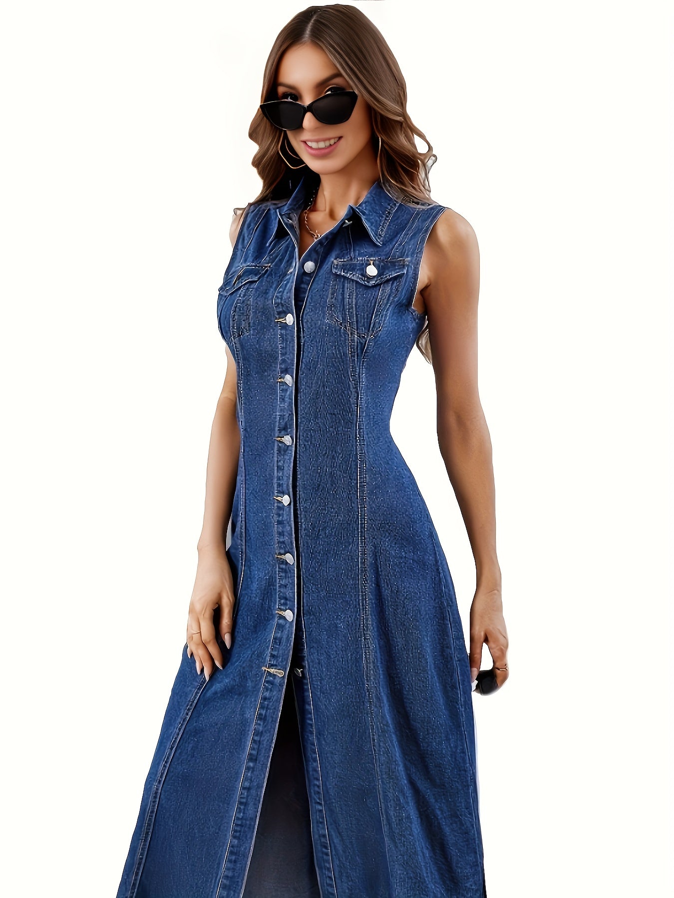 Single-breasted Lapel Sleeveless Denim Dress, Flap Pocket Split Casual Denim Dress, Women's Denim Jeans & Clothing MyFave Boutique