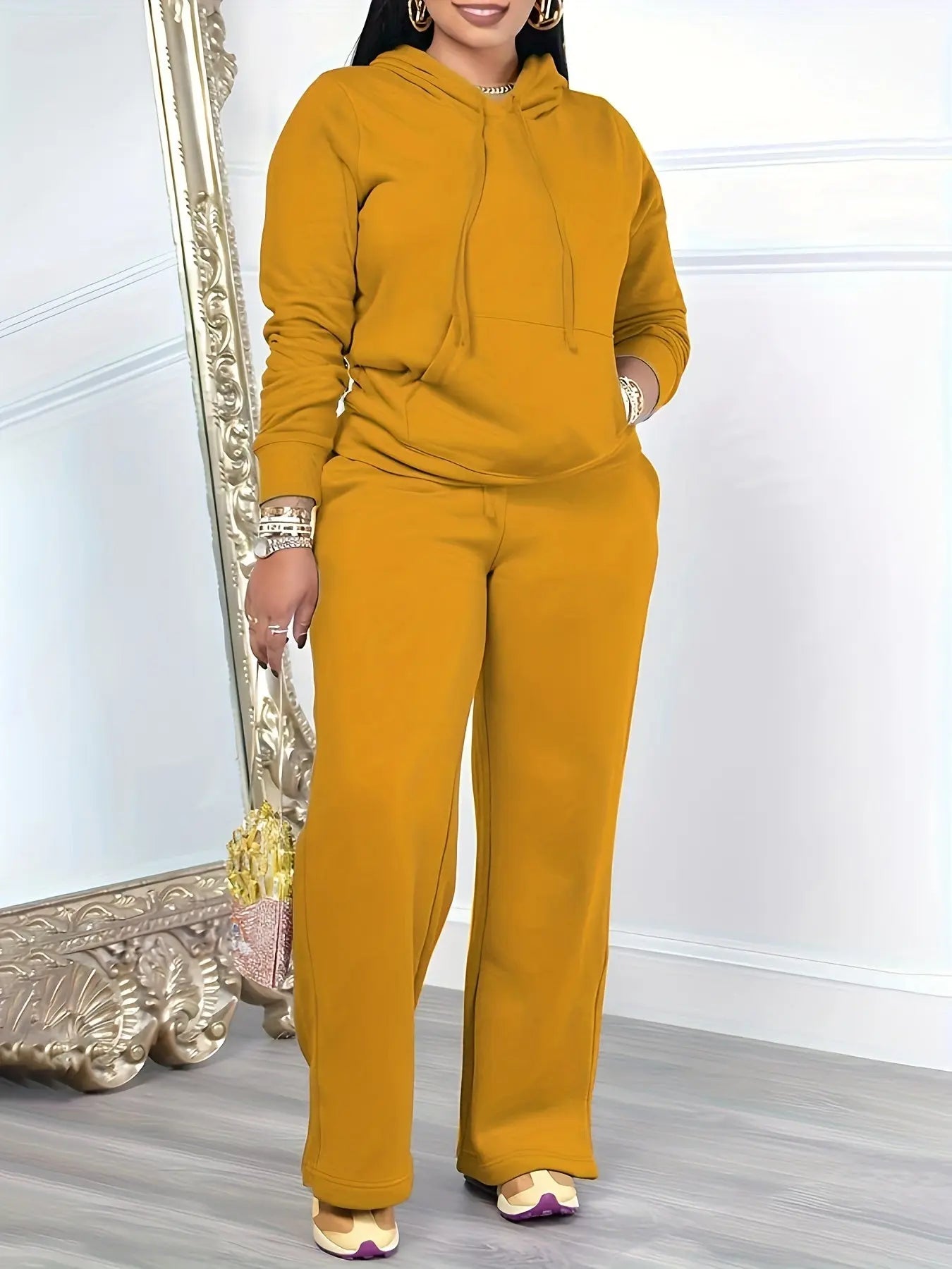 Solid Color Casual Set, Long Sleeve Hooded Drawstring Sweatshirt & Straight Leg Pants, Women's Clothing MyFave Boutique